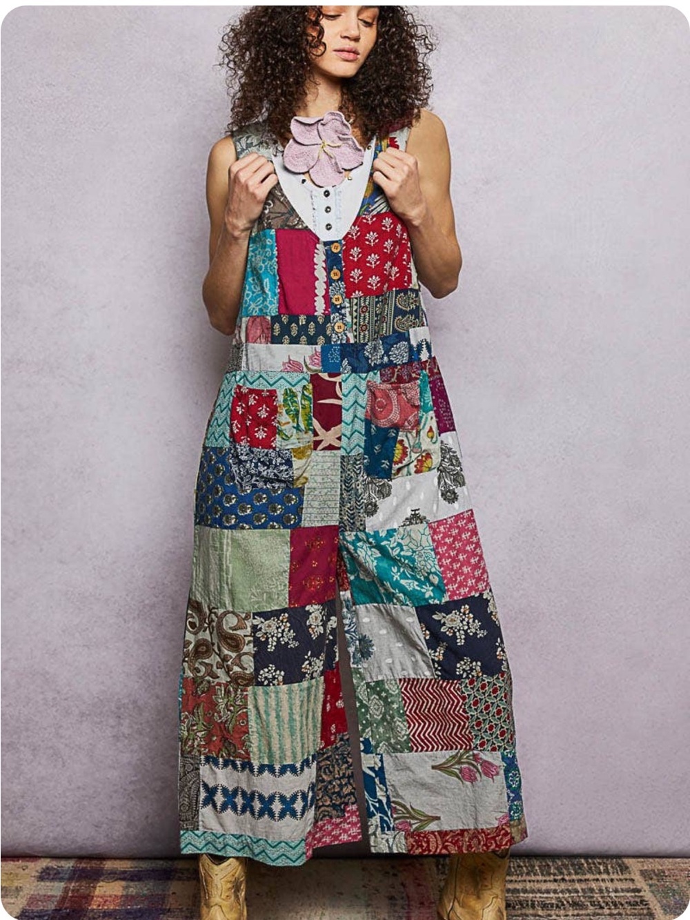 New: POL Boho Mixed Patchwork Lightweight Cropped Wide Leg Jumpsuit• Medium - Picture 7 of 9